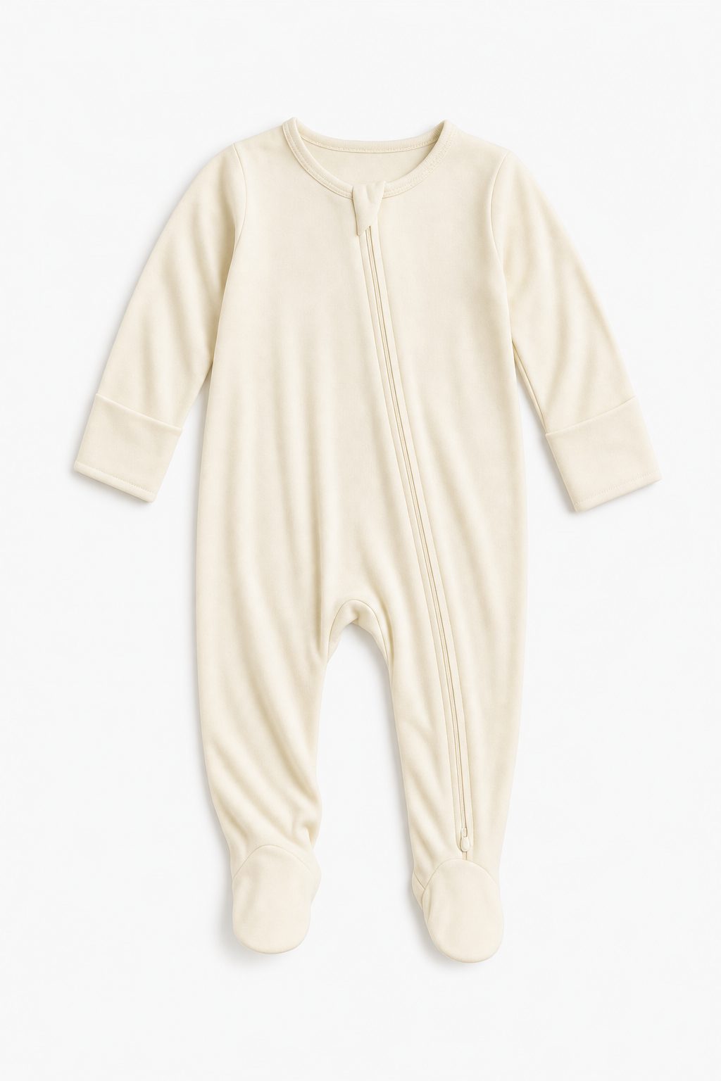 Ivory bamboo baby zip sleepsuit laid flat