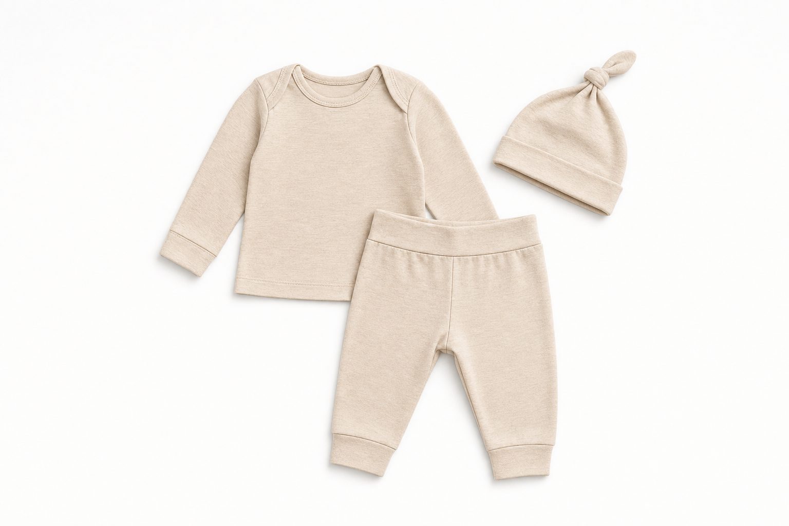 Oat coloured two-piece bamboo baby set with matching beanie